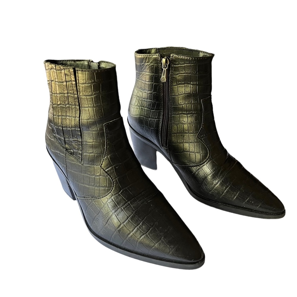 Blondo Que Leather Croc Embossed Pointed Toe Ankle Booties